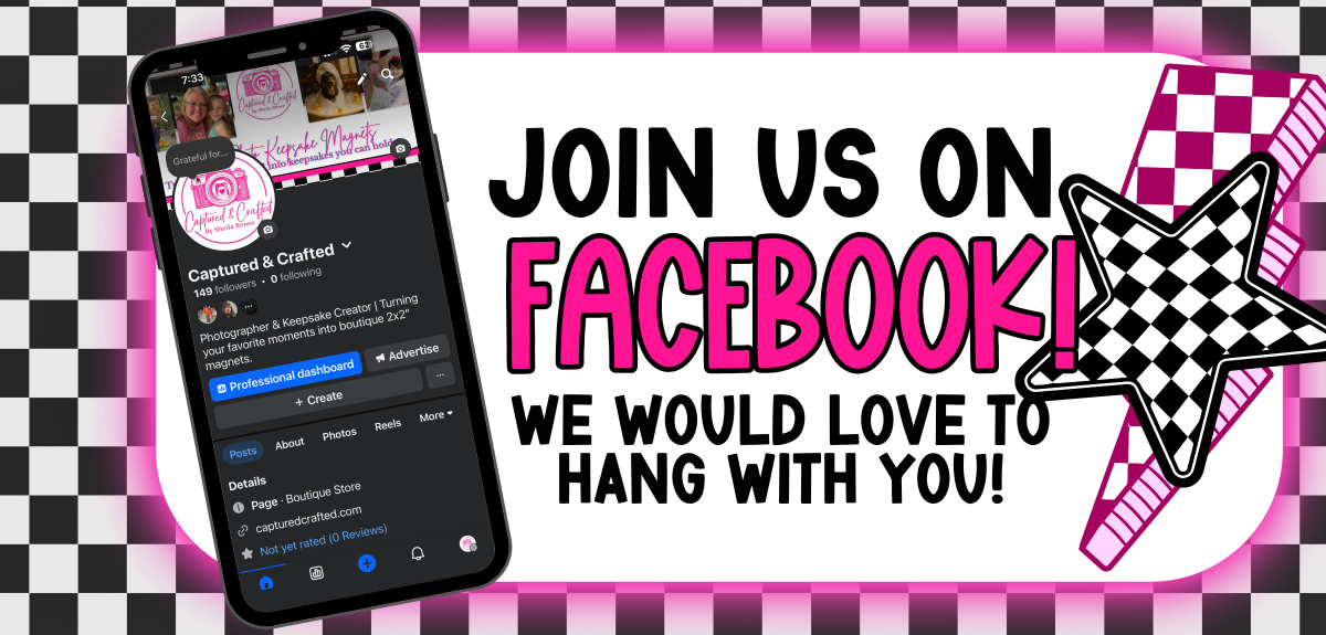 Phone screen with social media app on a checkered pink and black background with text inviting to join on Facebook.