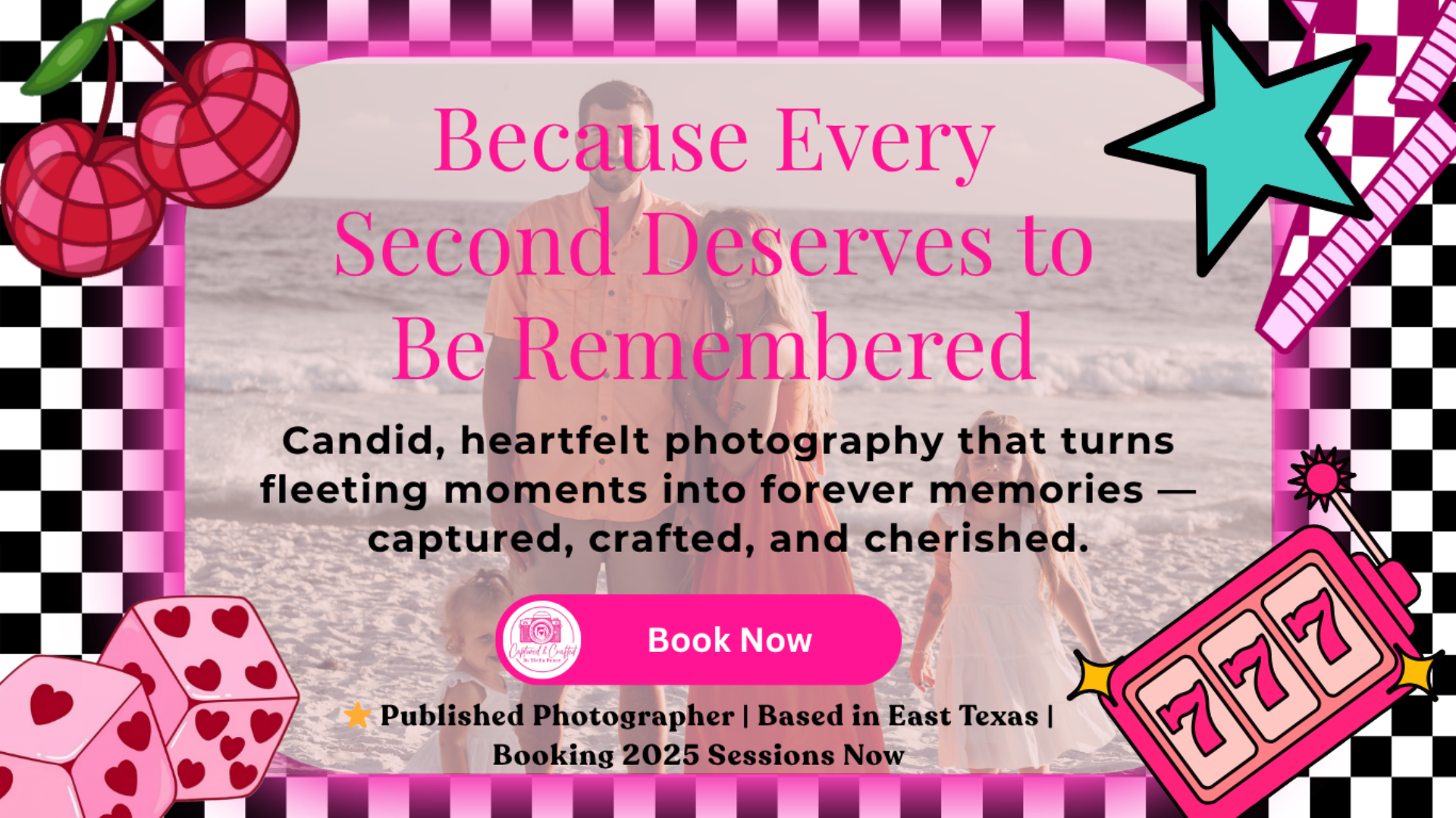 Promotional graphic for a photographer with decorative elements and text.